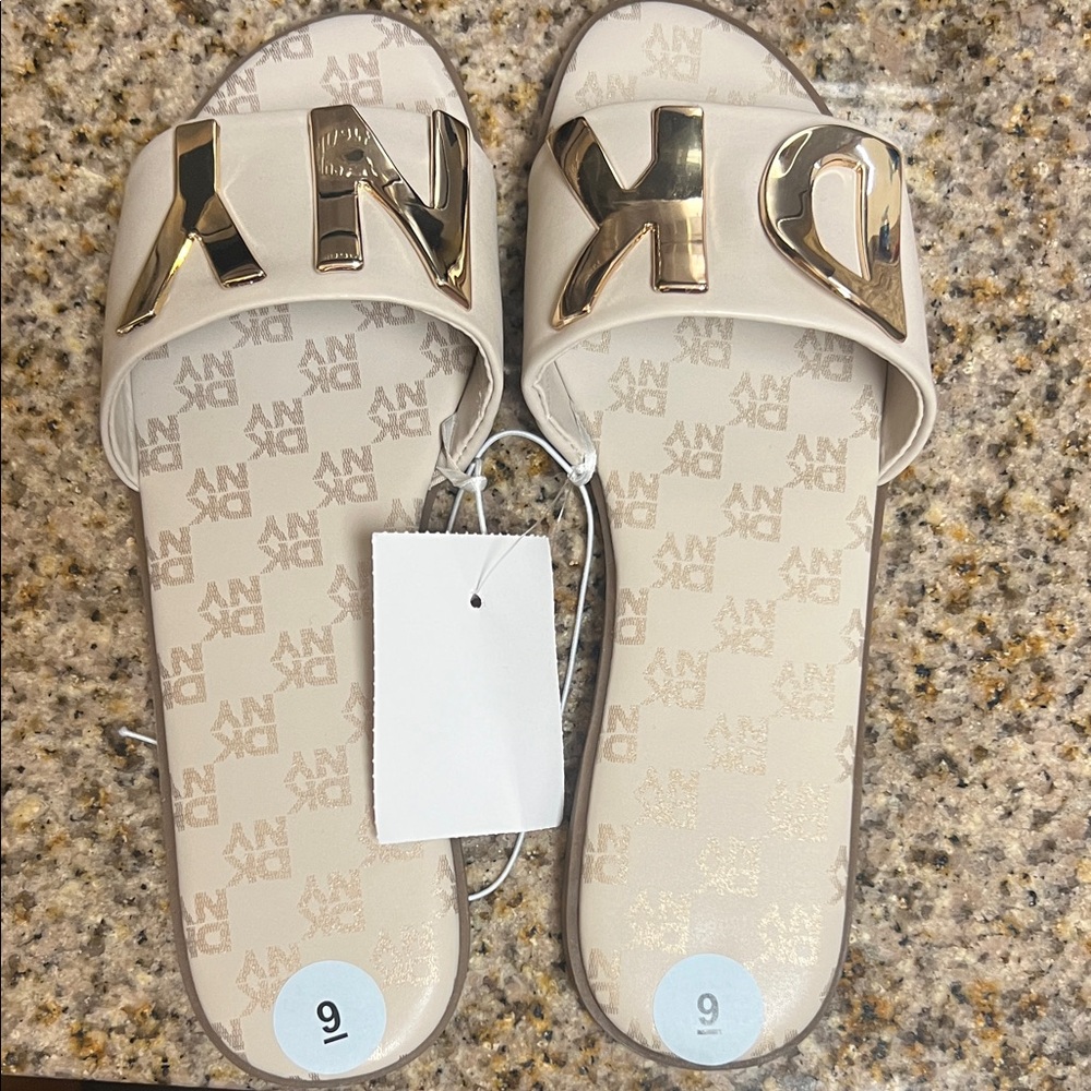 DKNY Metallic Gold and Cream Slides